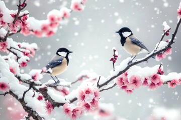 Two birds on snowy tree branch