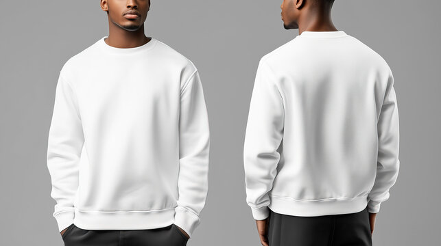 african american male model showcasing white blank sweatshirt, front and back view, isolated on grey background. Mockup for prints and design