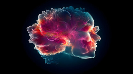 Fototapeta premium Abstract double portrait, fiery colors, dark background, mental health concept, ideal for therapy websites.