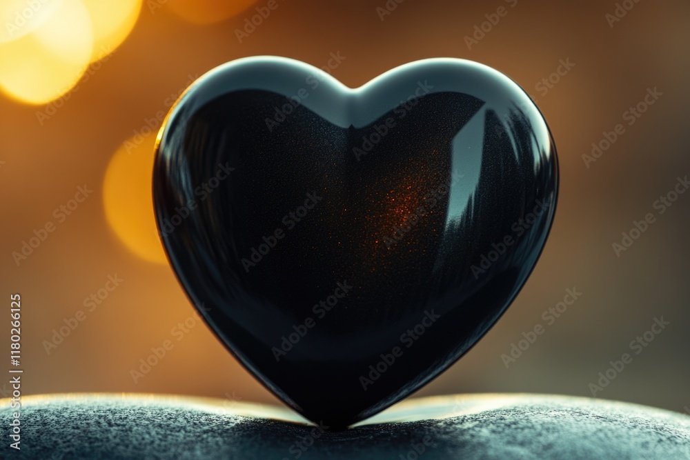 Poster a black heart-shaped object sits on top of a rock, perfect for use in symbolism or decorative contex
