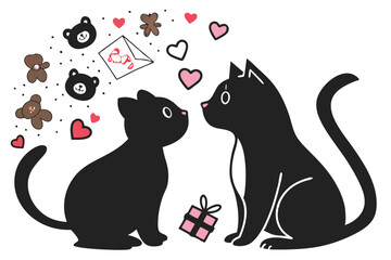 happy valentine's day couple cute cat in love animal silhouette vector illustration