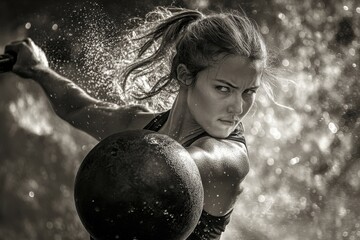 Kettlebell workout showcasing strength training and functional fitness with determined female athlete