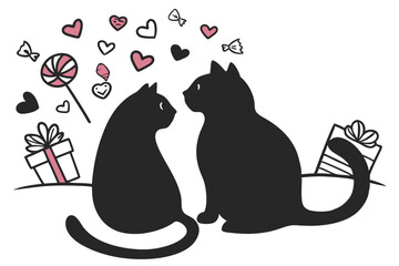 happy valentine's day couple cute cat in love animal silhouette vector illustration
