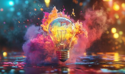 Colorful light bulb is exploding with paint, creating a vibrant and dynamic scene.