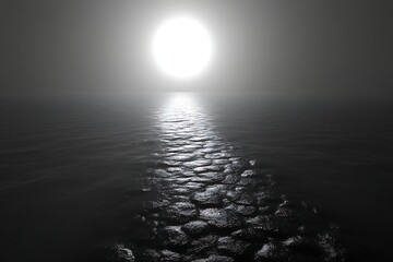 Monochrome ocean scene with bright sun reflecting on water.