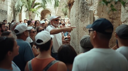 A tour guide enthusiastically gestures while explaining historical details to an attentive group amid ancient ruins.