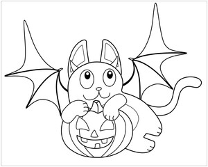 Cute cat in bat costume with pumpkin in paws - vector linear picture for coloring. Halloween picture - a cat with Jack's lantern and bat wings - an element for coloring. Outline.	