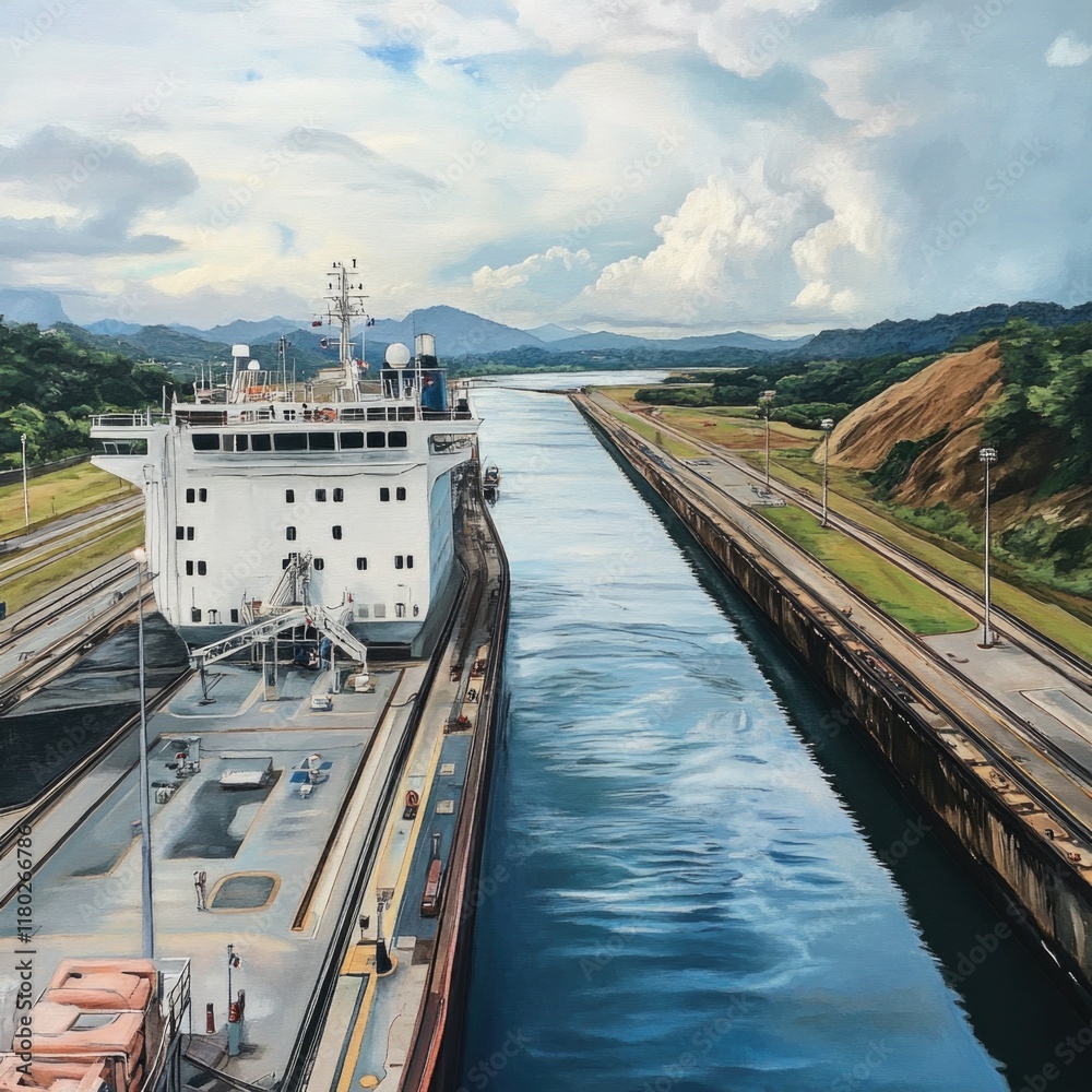 Poster a large ship passing through a canal, with water and greenery on either side