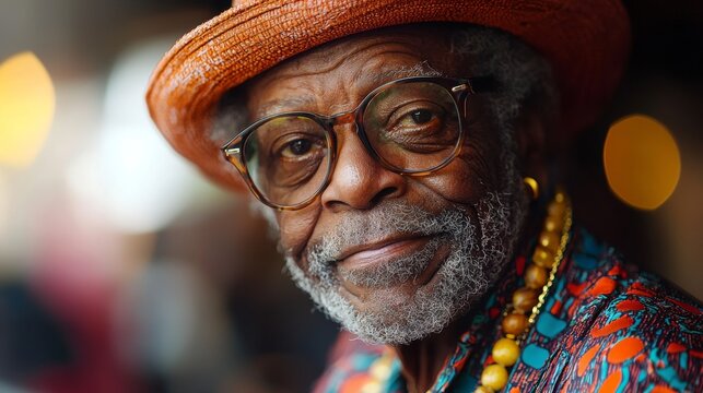 Portrait of an elder in colorful attire and glasses exuding wisdom and warmth