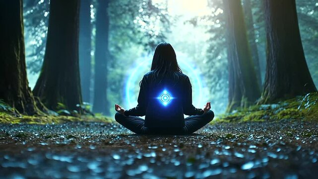 A meditative woman sits quietly under tall, ancient trees, her glowing chakra symbols resonating with the natural energy of the forest.