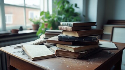 A pile of vintage books sits on a rustic desk, bathed in soft natural light, evoking nostalgia and wisdom.