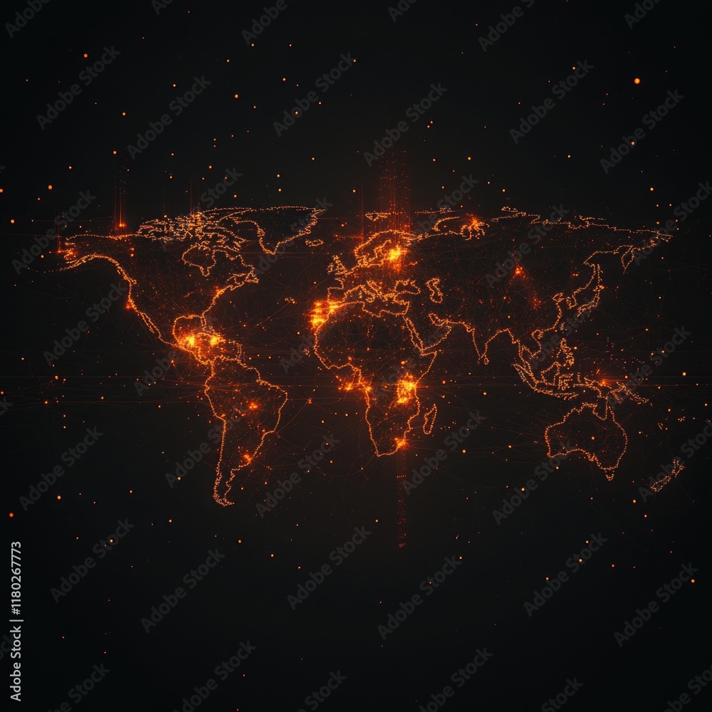Poster a map of the world showing countries and territories illuminated by orange lights at night, ideal fo