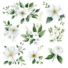 Elegant Watercolor Bouquet Featuring White Florals and Lush Greenery for Wedding Invitations