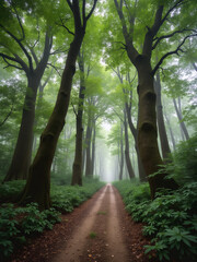 Walk along a misty forest path surrounded by towering trees and lush greenery during early morning hours