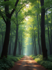 Obraz premium Majestic forest path illuminated by sunlight with lush green foliage in the heart of nature
