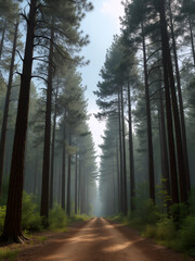 Fototapeta premium Sunlight filters through tall pine trees on a tranquil forest path during early morning hours