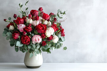 Beautiful bouquet of peonies, tulips and roses in a ceramic vase