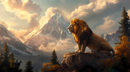 Lion on the mountain. Meadowfall. Illustration