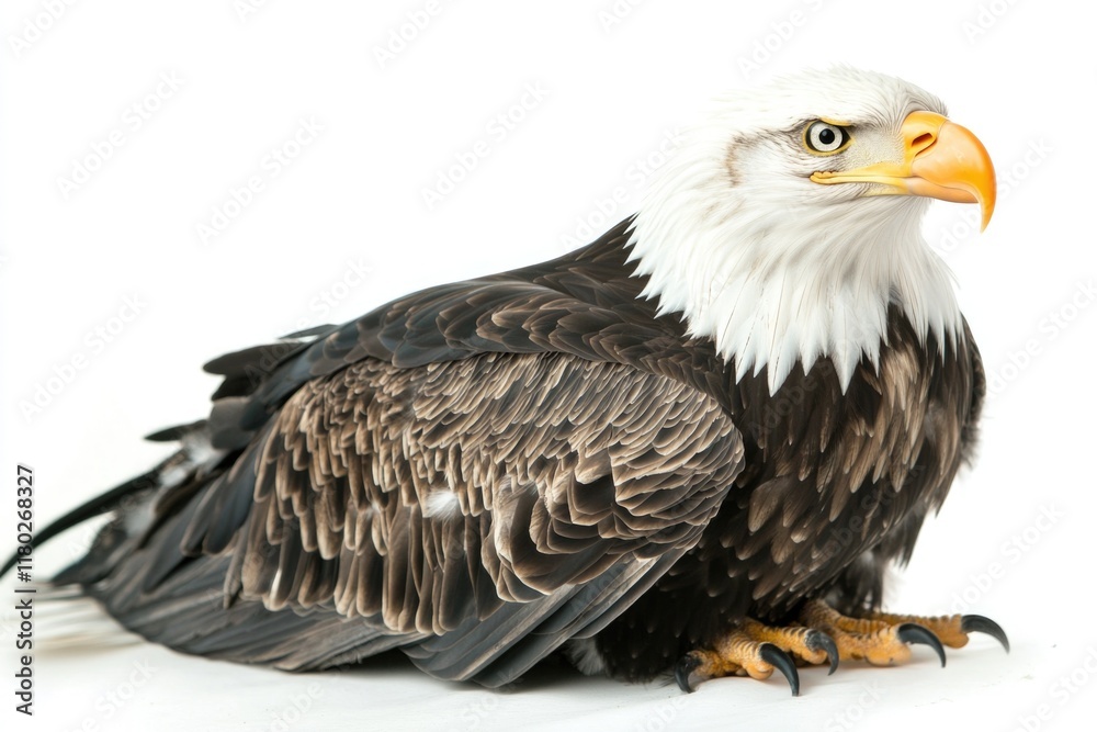Poster a close-up view of a bald eagle's head and feathers on a white background, ideal for wildlife or nat