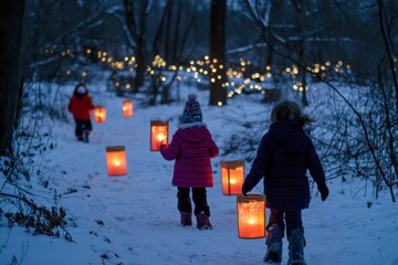 Children celebrate winter magic during an enchanting lantern walk in a snowy park at dusk