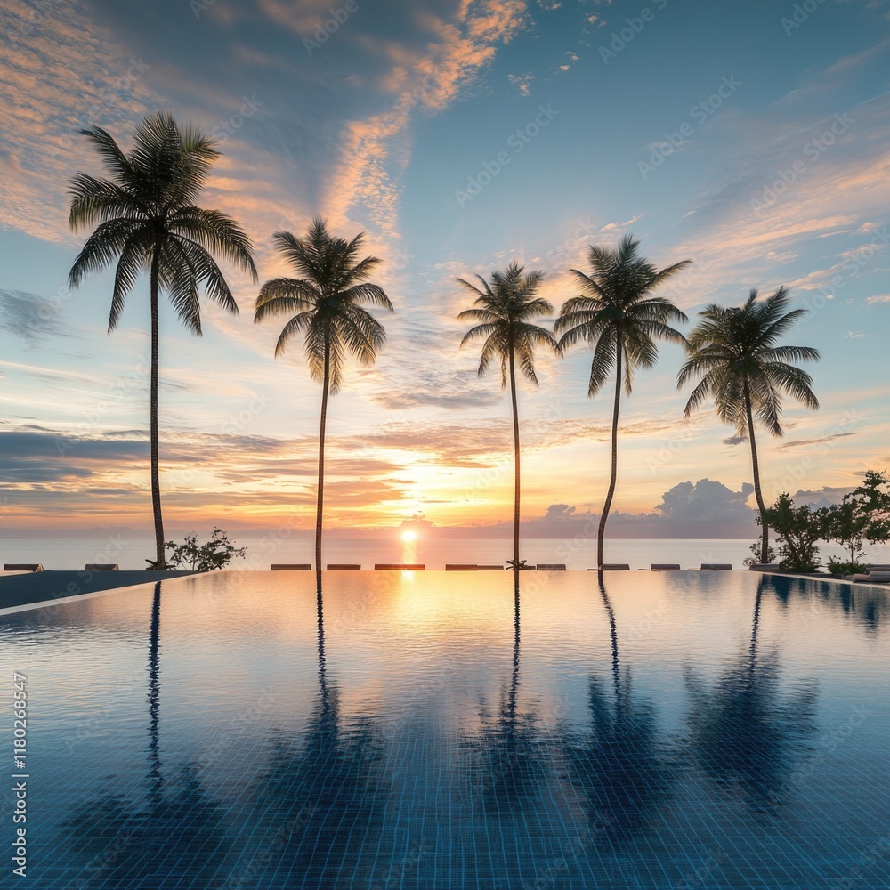 Poster A serene scene of a pool surrounded by palm trees as the sun sets in the background