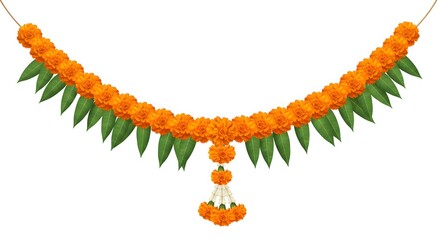 Decorative floral garland with marigold and mango leaves for Indian festivals including Pongal and Diwali showcasing auspicious traditional home decor