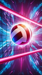A glowing neon volleyball and volleyball net against futuristic digital background