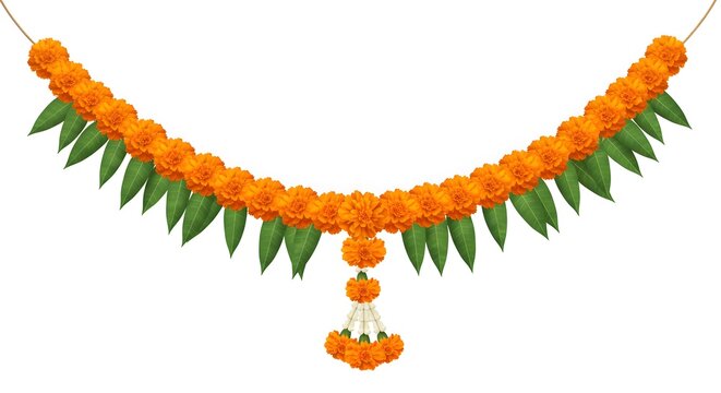 Decorative floral garland with marigold and mango leaves for Indian festivals including Pongal and Diwali showcasing auspicious traditional home decor
