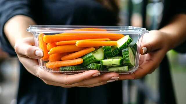 A plastic container packed with raw vegetables like baby carrots, bell pepper strips, and cucumbers, ideal for a light, nutritious snack or meal.