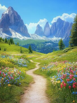 Winding path through vibrant wildflowers leading to majestic snow-capped mountains under a sunny sky.