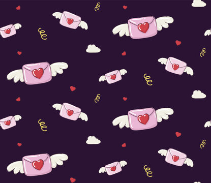 illustration patren valentine day cute envelopes with heart wings