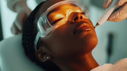 Patient undergoing laser eye surgery procedure with precise laser application to correct vision