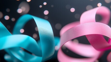 Twirling ribbons, festive bokeh, dark background, celebration