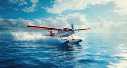 Fototapeta premium Aerial Adventure: A Waterborne Aircraft Over the Ocean Emphasizing Travel and Aviation Spirit
