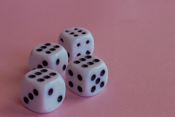four dice with the number six on an abstract background. Board game.
