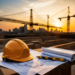 Experience the beauty of engineering with this stunning image of an engineering helmet resting on a construction site at sunset.