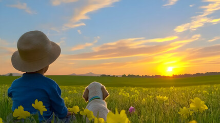 Fototapeta premium Child and dog watching sunset in a field of flowers. Ideal for themes of friendship, nature, peace, and childhood memories.