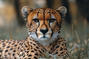 Obraz premium A cheetah rests in tall grass, its fur blending with the surroundings