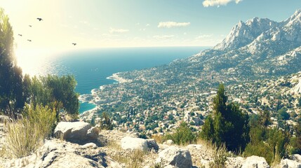 Scenic Coastal City View from Mountain.