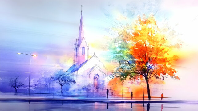 Church autumn scene, vibrant colors, city street, peaceful atmosphere, ideal for calendar or postcard.