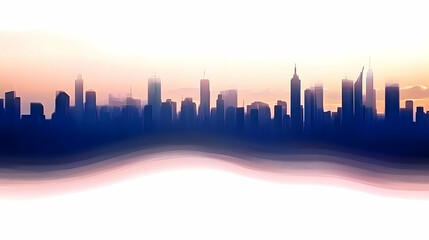 Obraz premium Cityscape sunrise silhouette, urban skyline panorama, hazy dawn, buildings, modern architecture, background for websites.