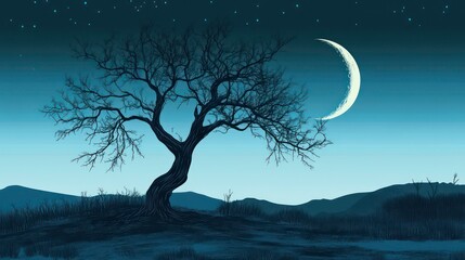 Eerie Halloween Line Art: Lone Tree Under Crescent Moon - Spooky Halloween illustration, single bare tree, crescent moon, night, solitude, mystery.