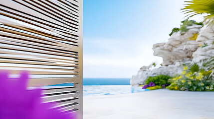 Coastal luxury resort patio; open louvered screen reveals ocean view; tranquil landscaping; ideal for travel brochures.