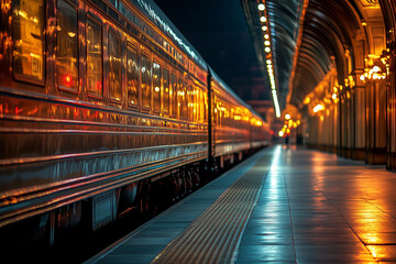 Elegant departure at a railway station platform illuminated by golden lights