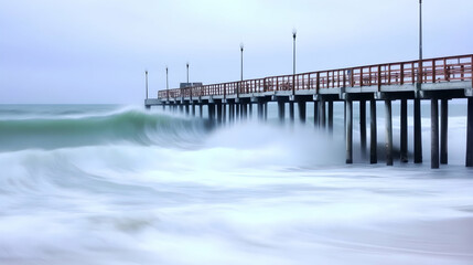 Coastal pier weathered by ocean waves, dramatic sky, tranquil beach scene; ideal for travel or nature publications.