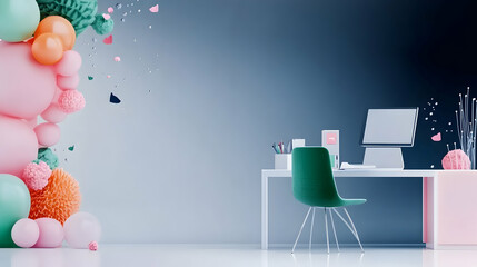 Colorful balloons and modern workspace.  Desk, computer, chair, abstract background.  Ideal for website banners or marketing.