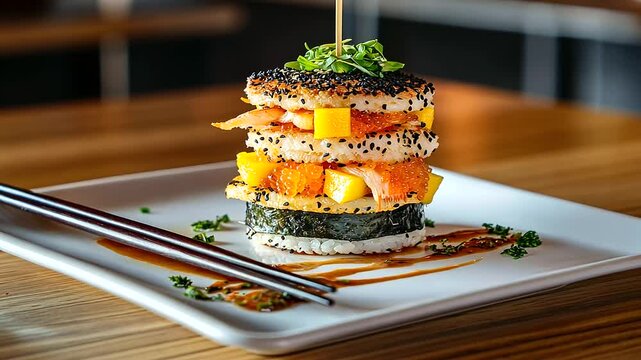 A vibrant sushi burger stacked with crab stick, mango salsa, and a touch of caviar, elegantly presented on a white plate with chopsticks resting on a textured wooden table.