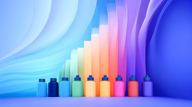 Colorful bottles arranged in ascending order against an abstract background;  growth, success, and product launch concept for marketing.