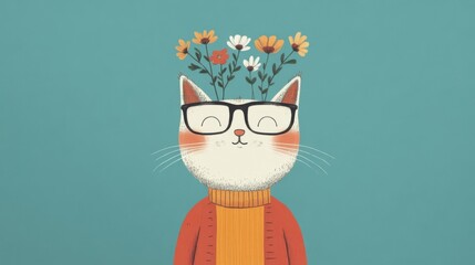 Obraz premium Happy cat wearing glasses and sweater with flowers growing from its head.