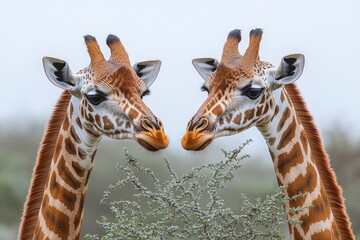 Obraz premium Two giraffes standing side by side, a friendly encounter